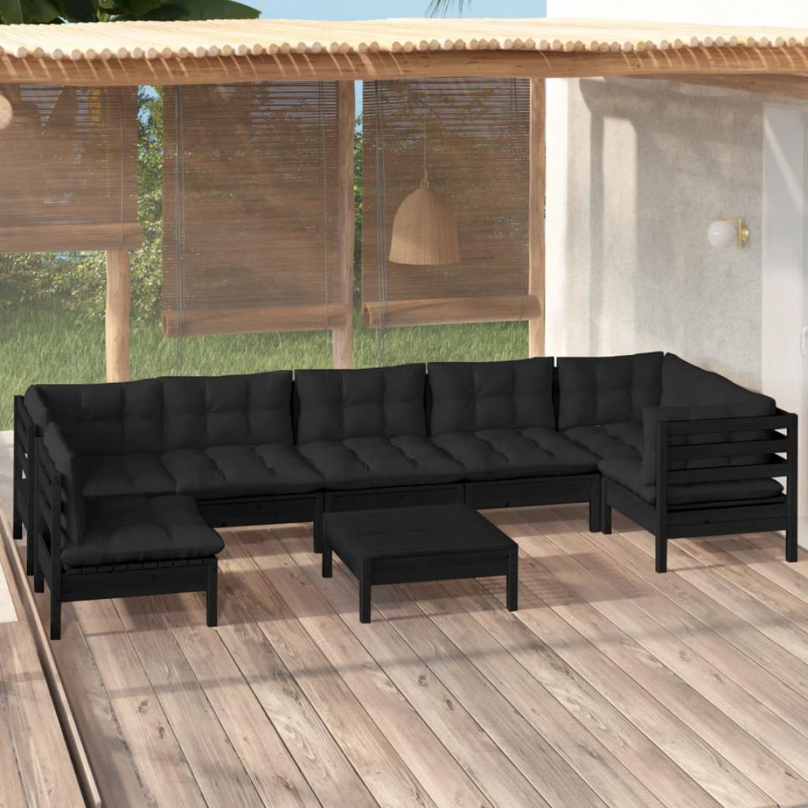 Vidaxl - vidaXL Salon de jardin 8 pcs avec coussins Noir Bois de pin massif - Ensembles canapés et fauteuils