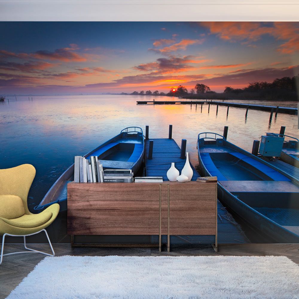Bimago - Papier peint | Coucher de soleil, barques et ponton | 250x193 | Paysages | Mer | - Papier peint