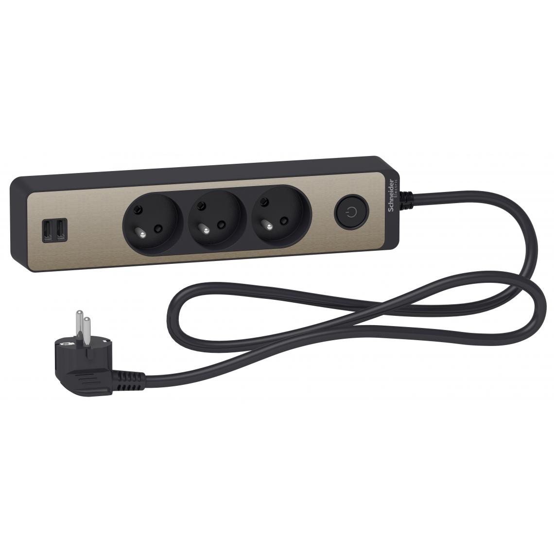 Schneider Electric - Bloc multiprises 3 Prises 2P+T et 2 USB (câble 1,5m) Noir et Bronze - Schneider - Blocs multiprises