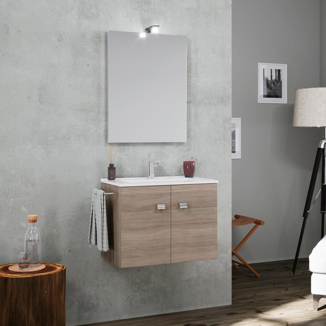 Arati Bath And Shower - Meuble de salle de bain suspendu 2 portes évier en céramique porte serviette miroir lampe LED Vanern Oak - Lavabo