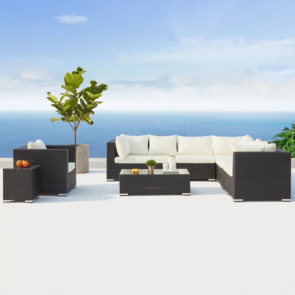 Concept Usine - Salento noir/blanc : salon de jardin panoramique 8 places en résine tressée - Ensembles canapés et fauteuils