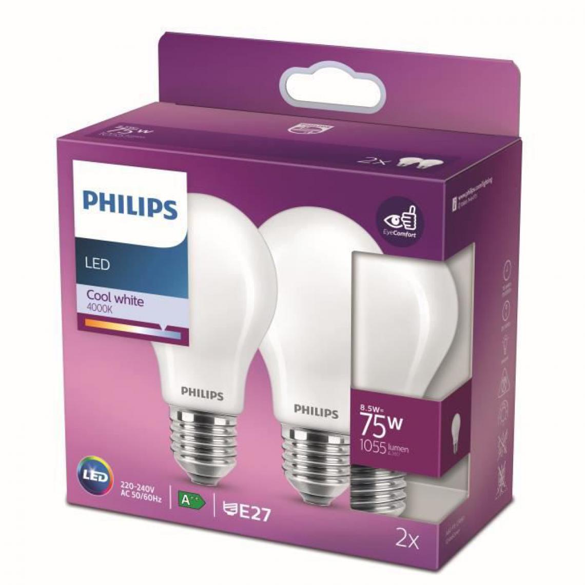 Philips - Philips ampoule LED Equivalent 75W E27 Blanc froid non dimmable, verre, lot de 2 - Ampoules LED