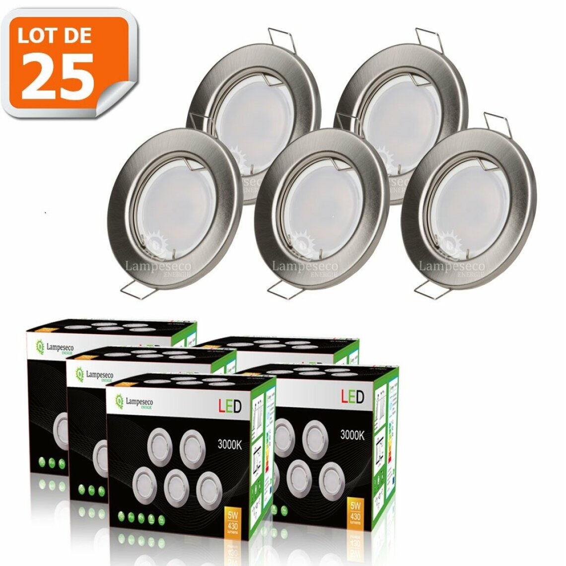 Lampesecoenergie - LOT DE 25 SPOT LED ENCASTRABLE COMPLETE RONDE FIXE ALU BROSSE eq. 50W BLANC CHAUD - Boîtes d'encastrement