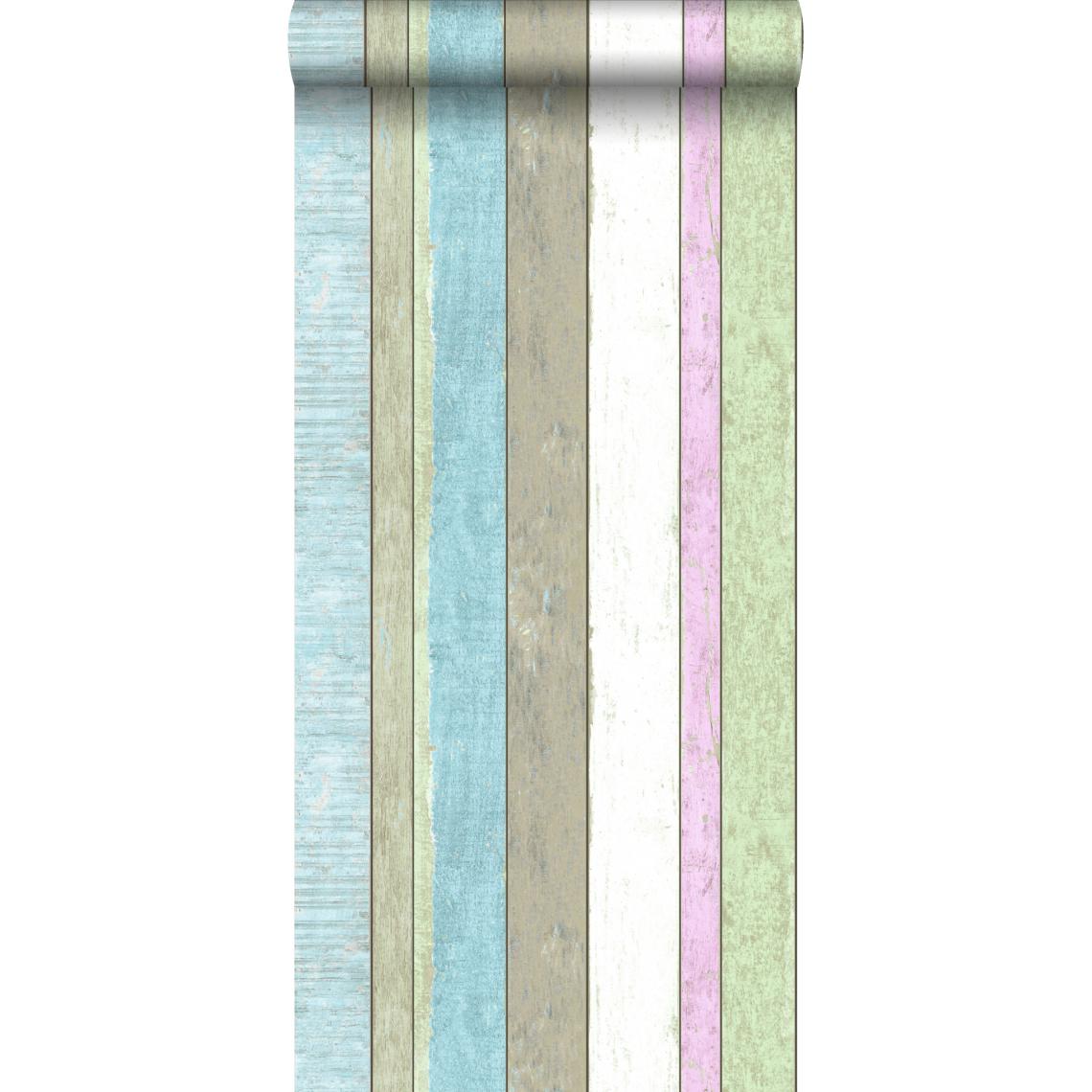 ESTAhome - ESTAhome papier peint imitation bois vert clair et rose - 138249 - 53 cm x 10,05 m - Papier peint