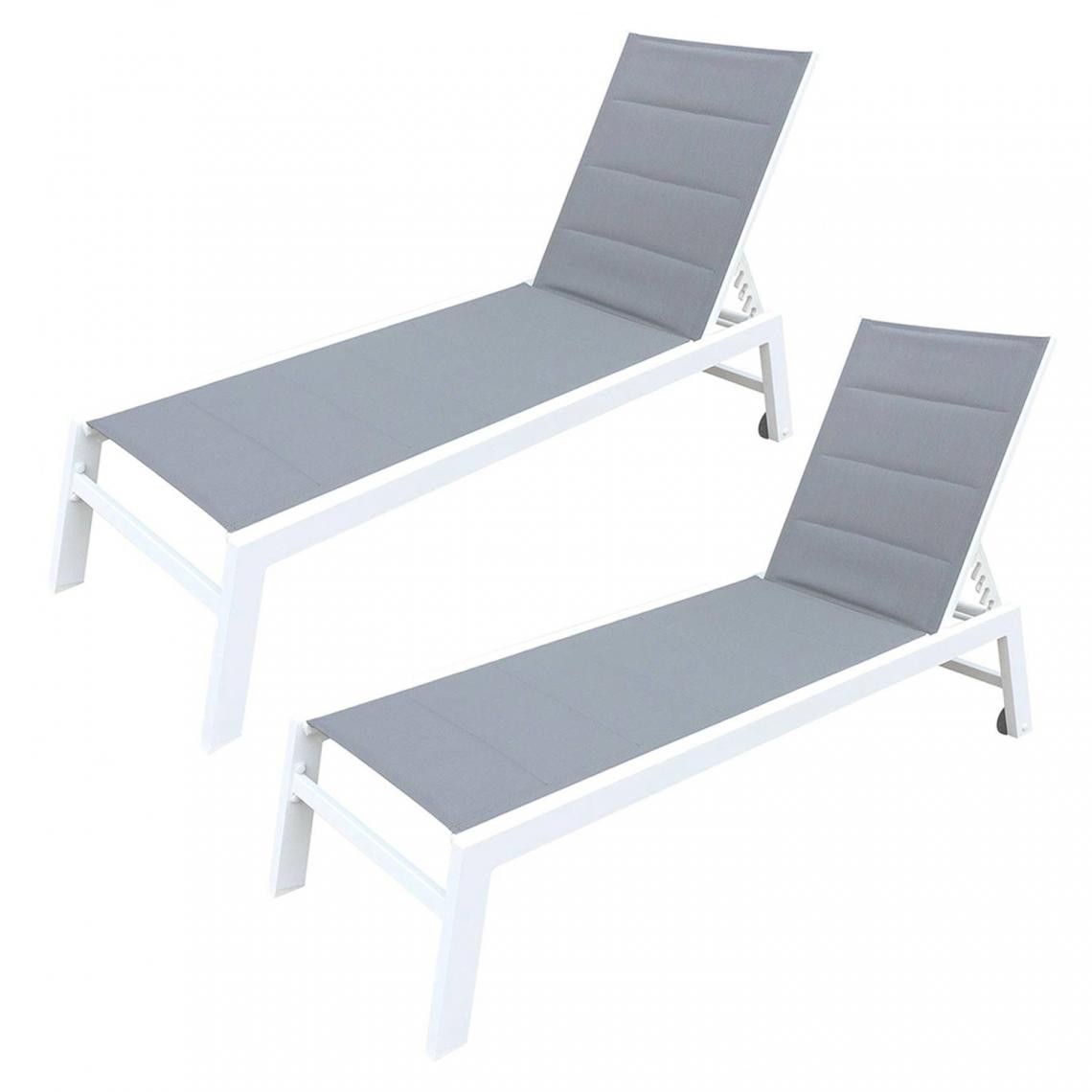 Beneffito - BAISAO - Bain de Soleil Droit Textilène Aluminium - GRIS/BLANC - X2 - Transats, chaises longues
