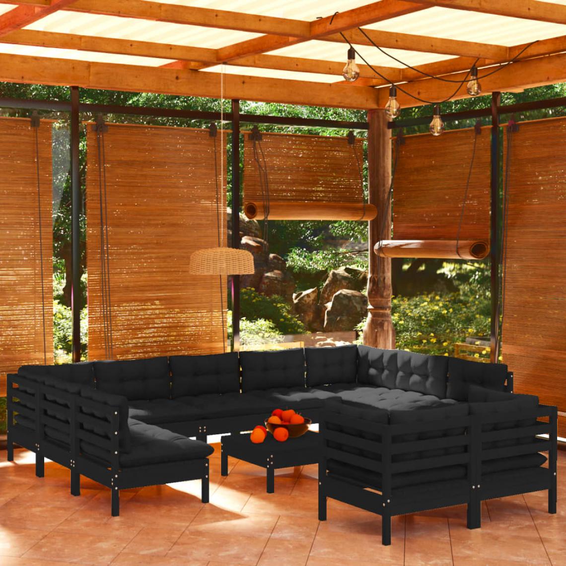 Vidaxl - vidaXL Salon de jardin 12 pcs avec coussins Noir Bois de pin solide - Ensembles canapés et fauteuils