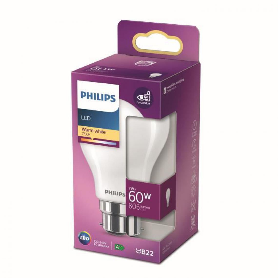 Philips - Philips ampoule LED Equivalent 60W B22 Blanc chaud non dimmable, verre - Ampoules LED