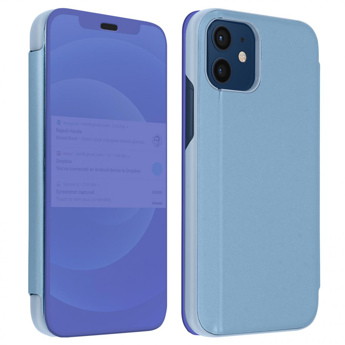 Avizar - Housse iPhone 12 Mini Clapet translucide Design Miroir Support Vidéo bleu - Coque, étui smartphone