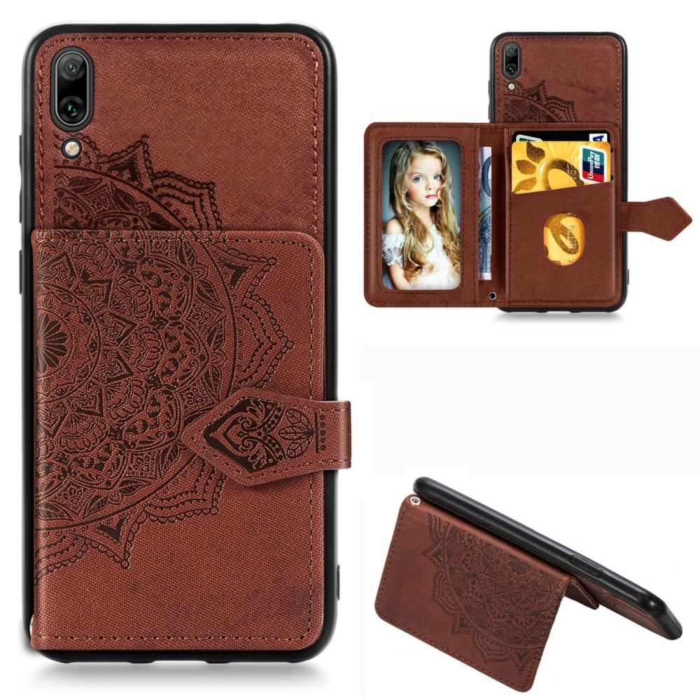 Wewoo - Coque Pour Huawei Enjoy 9 Mandala Embossed Magnetic Cloth PU + TPU + PC Case with Holder & Card Slots & Wallet & Photo Frame & Strap Brown - Coque, étui smartphone