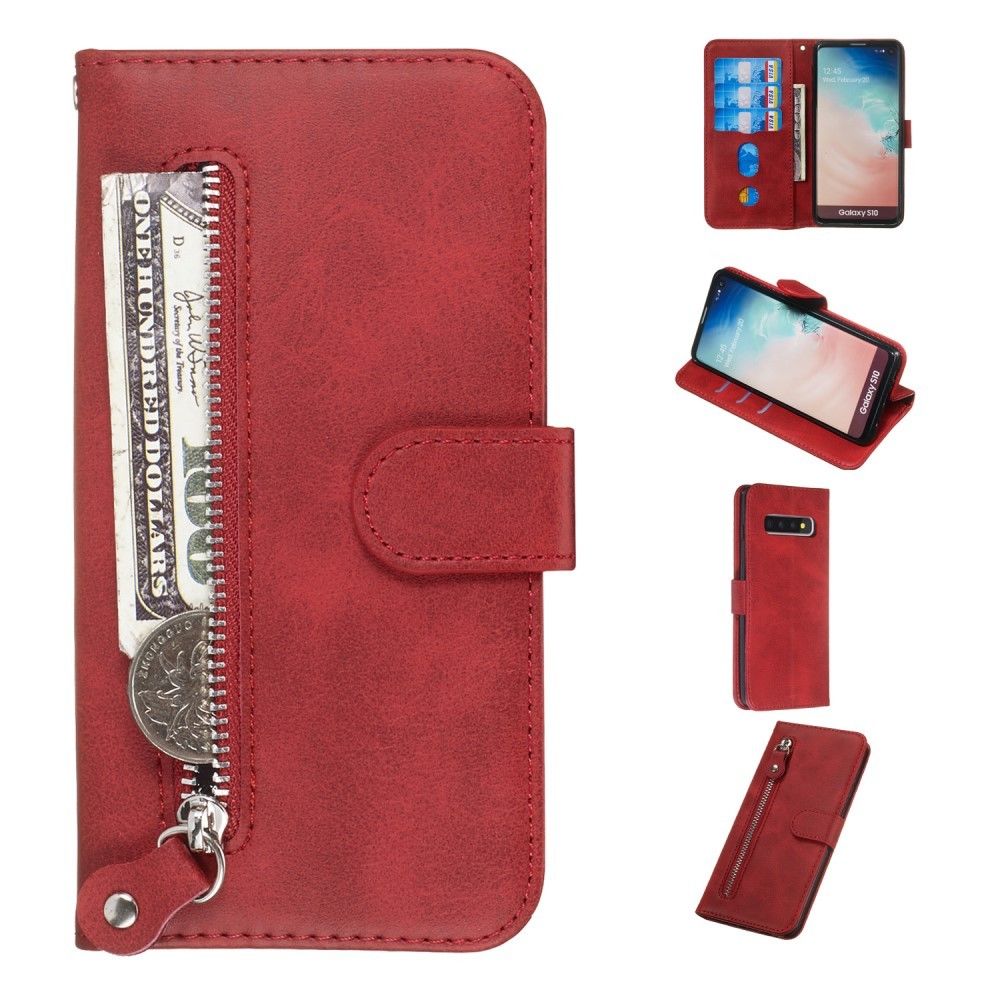 marque generique - Etui en PU poche à fermeture éclair magnétique avec support rouge pour votre Samsung Galaxy S10 - Coque, étui smartphone