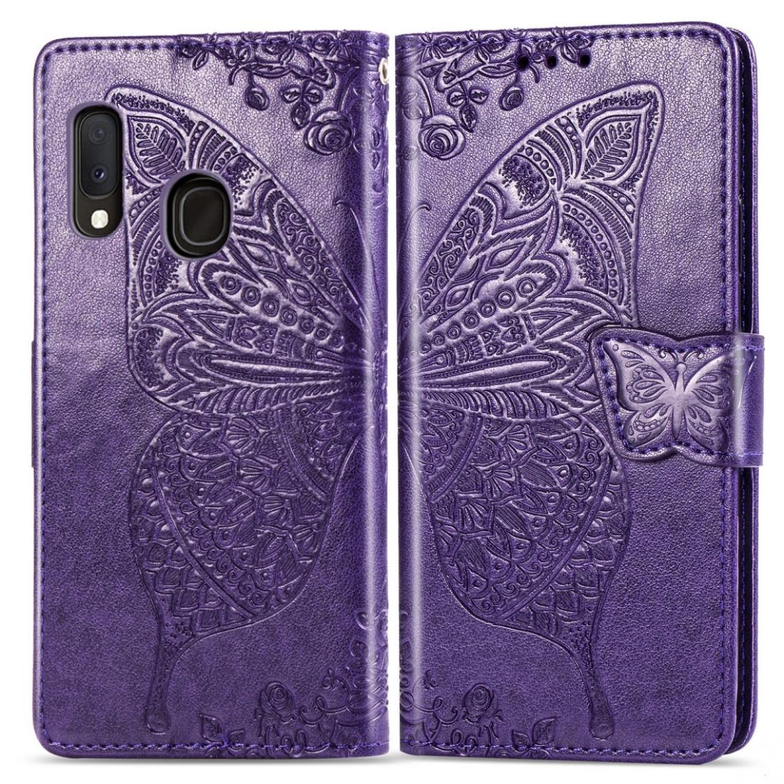 Wewoo - Housse Coque Pour Galaxy A20e Butterfly Love Flowers gaufrage Etui à rabat horizontal avec porte-cartes et porte-cartesporte-monnaie et lanière violet foncé - Coque, étui smartphone