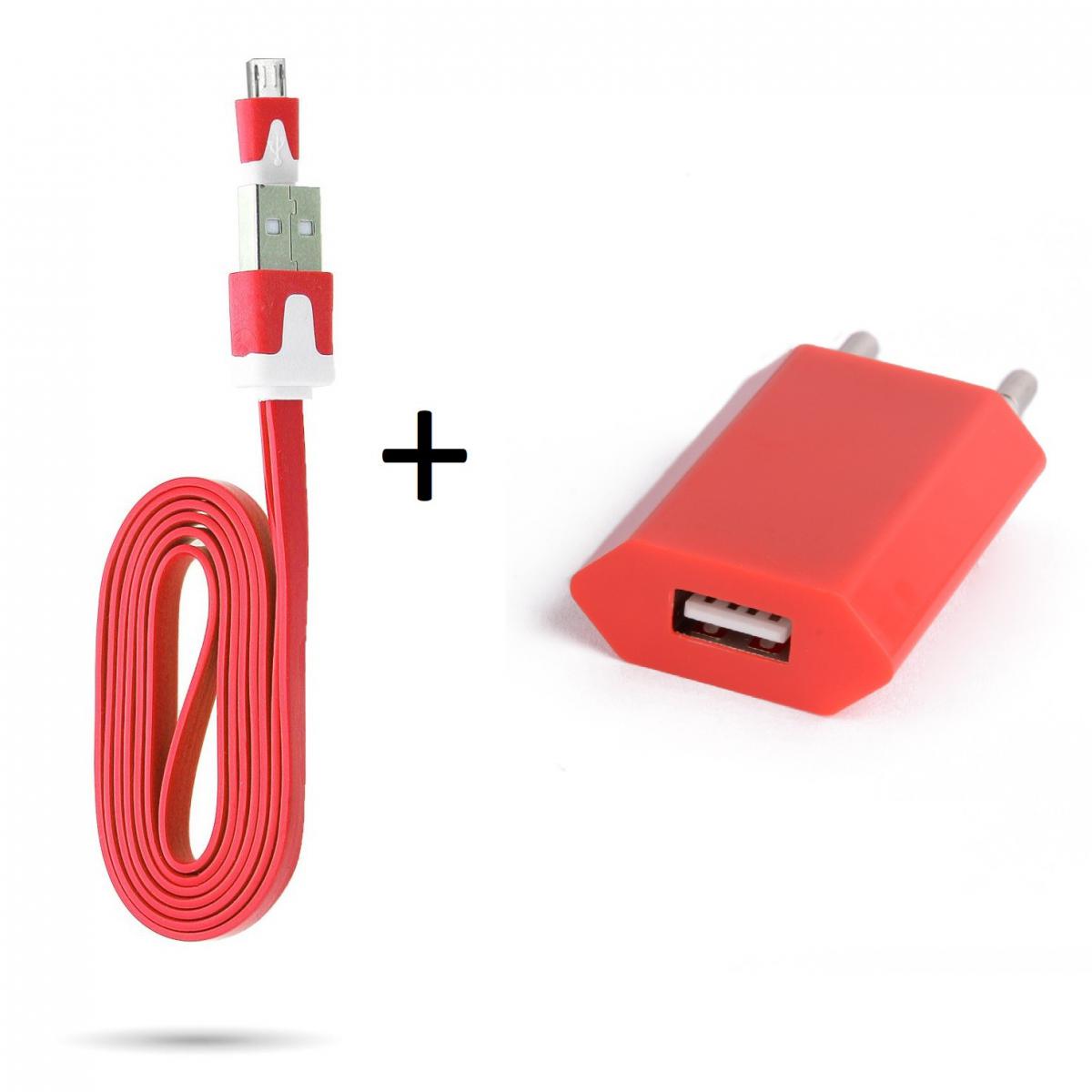 Shot - Cable Noodle 1m Chargeur + Prise Secteur pour HUAWEI Y5 2019 Smartphone Micro USB Murale Pack Android (ROUGE) - Chargeur secteur téléphone