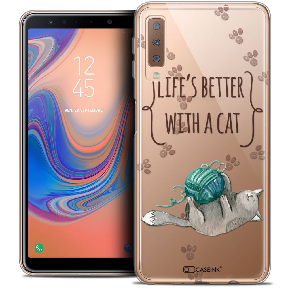 Caseink - Coque Housse Etui Pour Samsung Galaxy A7 (2018) A750 (6 ) [Crystal Gel HD Collection Quote Design Life's Better With a Cat - Souple - Ultra Fin - Imprimé en France] - Coque, étui smartphone