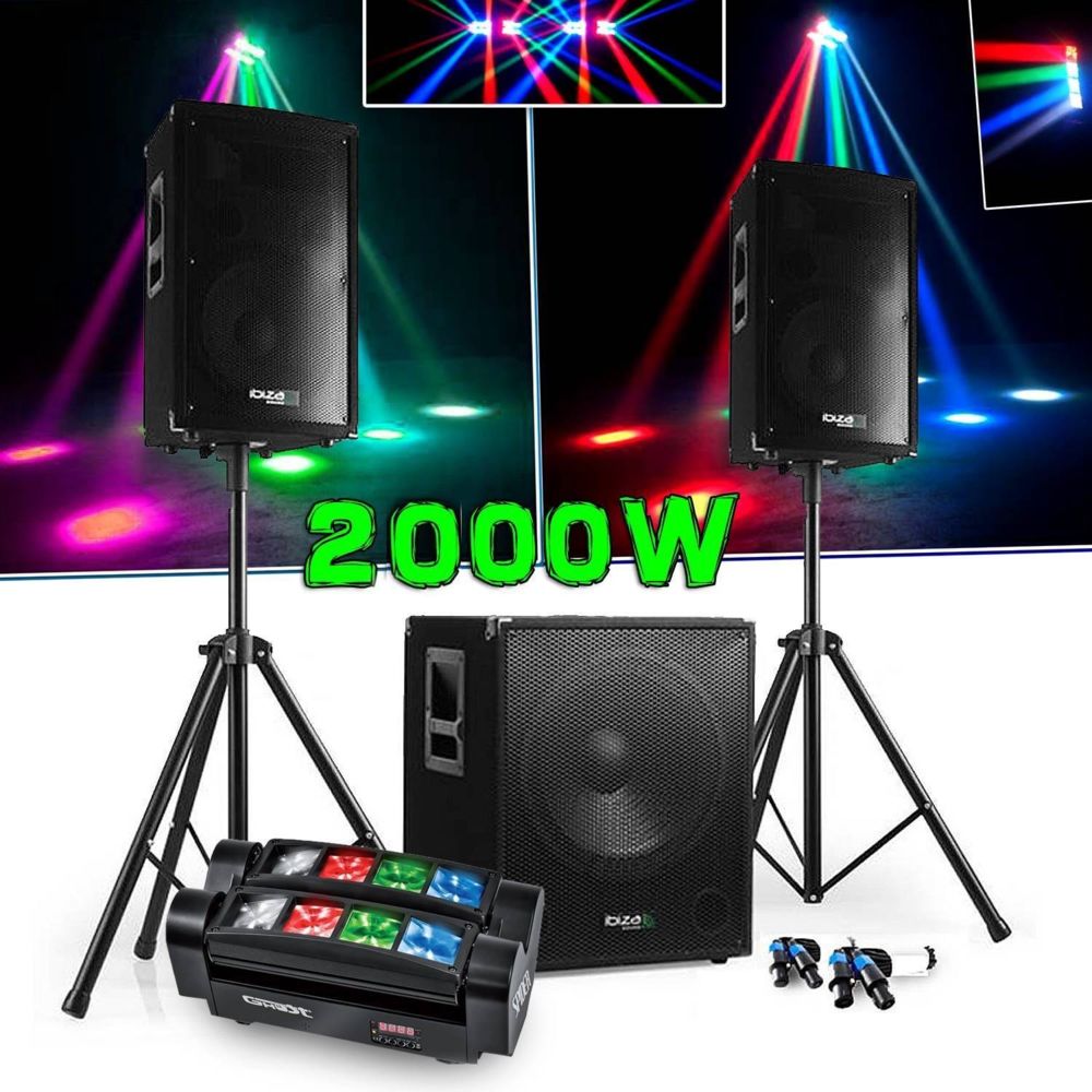 Ibiza Sound - PACK SONO DJ 2000W CUBE 1512 avec CAISSON + ENCENTES + PIEDS + CABLES + Spider Micro RGBW Ghost - Packs sonorisation