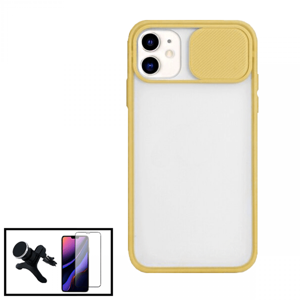 Phonecare - Kit Coque avec fenetre anti-choc mat + Film de Verre Trempé 5D à Couverture Complète + Support Magnétique de Voiture Renforcé pour iPhone 11 - Jaune - Coque, étui smartphone