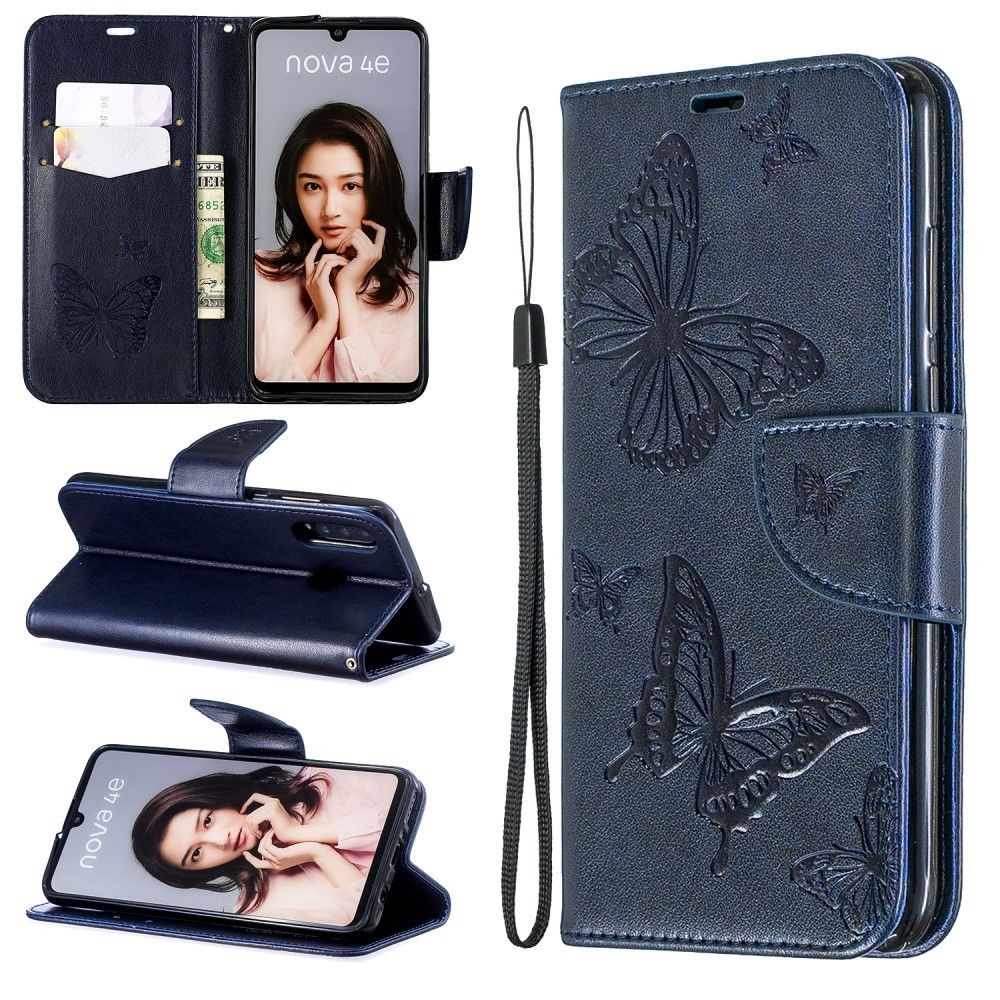 marque generique - Etui en PU papillon flip avec sangle bleu foncé pour votre Huawei P30 Lite/Nova 4e - Coque, étui smartphone