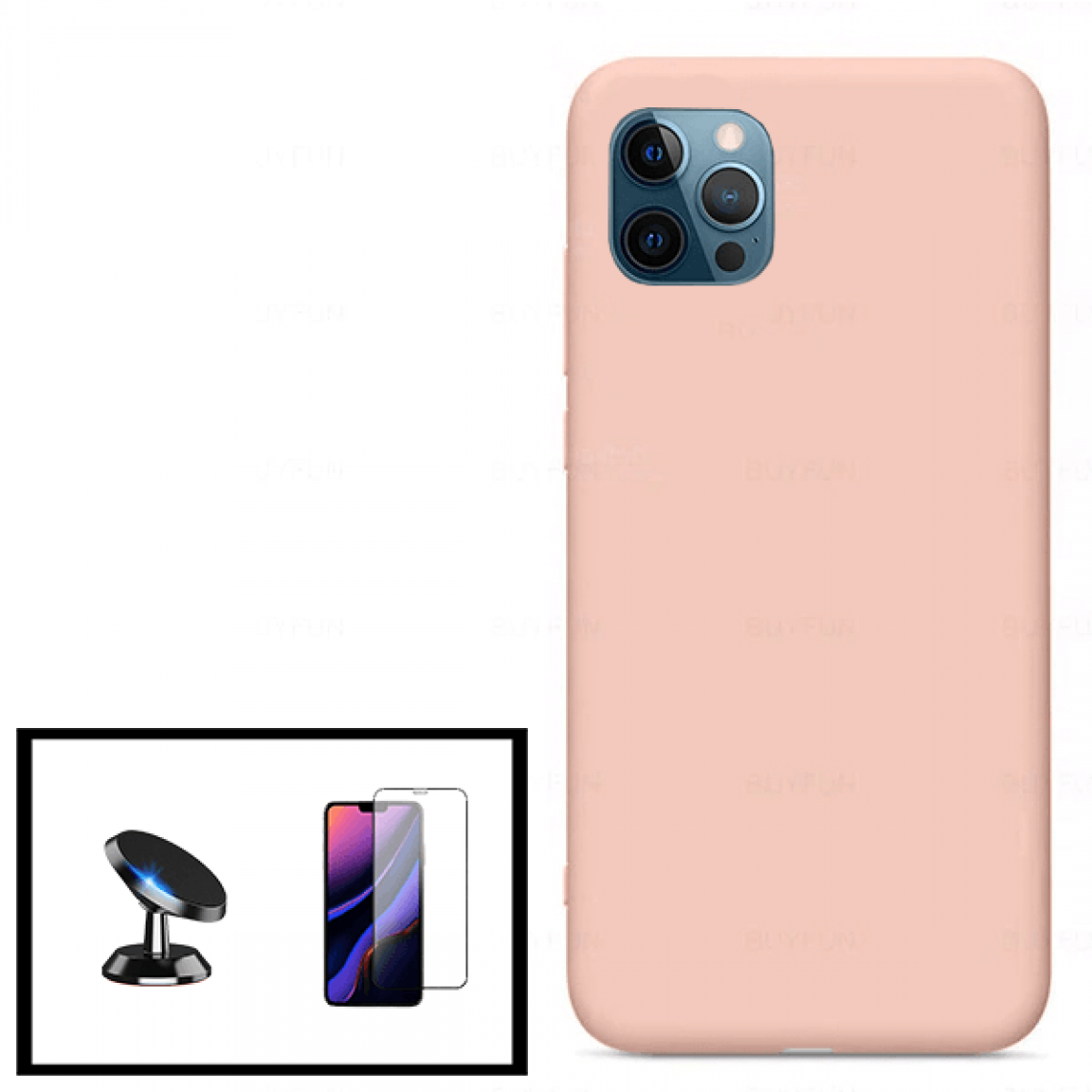 Phonecare - Kit Film de Verre Trempé 5D à Couverture Complète + Coque en Silicone Liquide + Support Magnétique de Voiture pour iPhone 12 - rose - Coque, étui smartphone