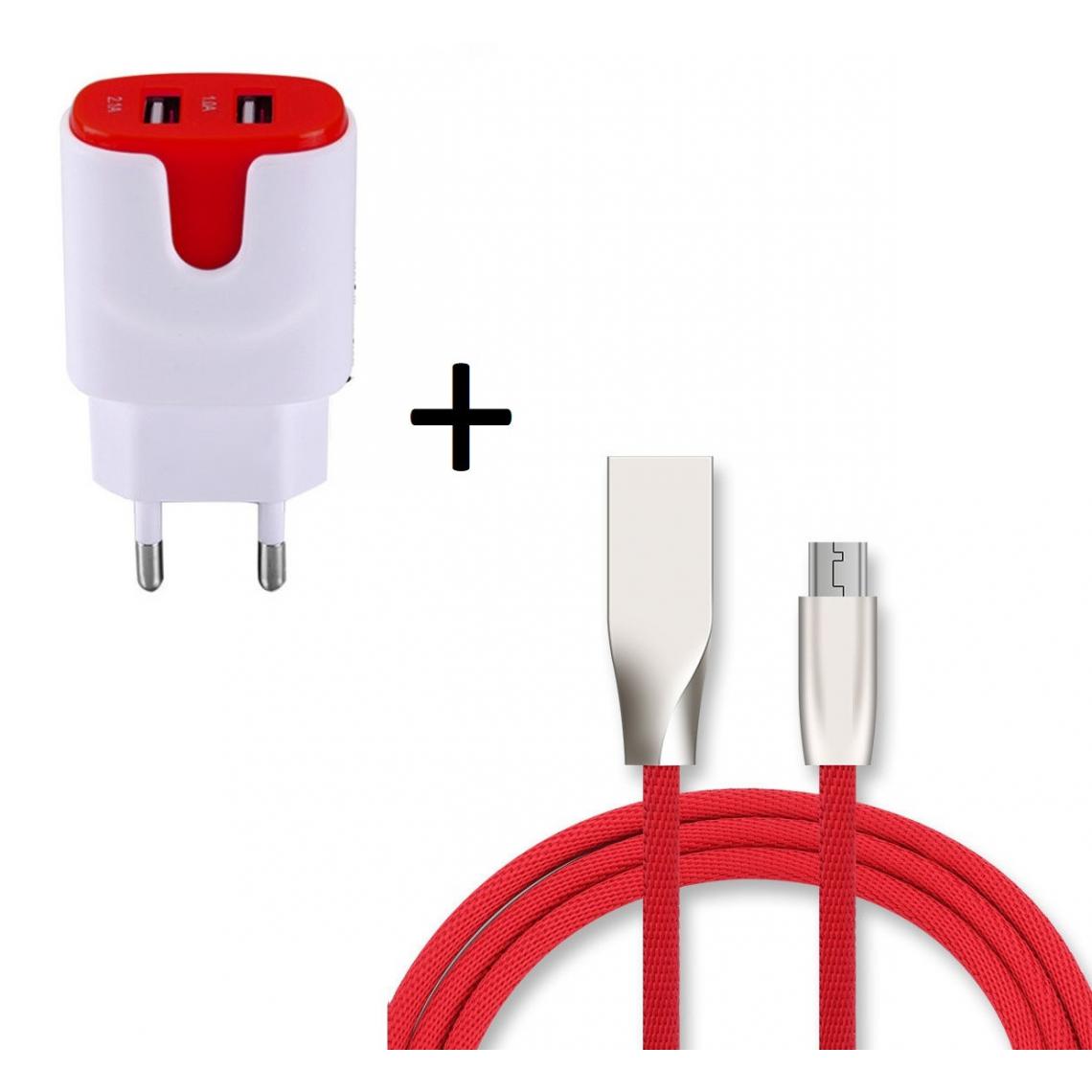 Shot - Pack Chargeur Micro USB pour HUAWEI P smart 2019 (Cable Fast Charge + Double Prise Secteur Couleur USB) Android (ROUGE) - Chargeur secteur téléphone