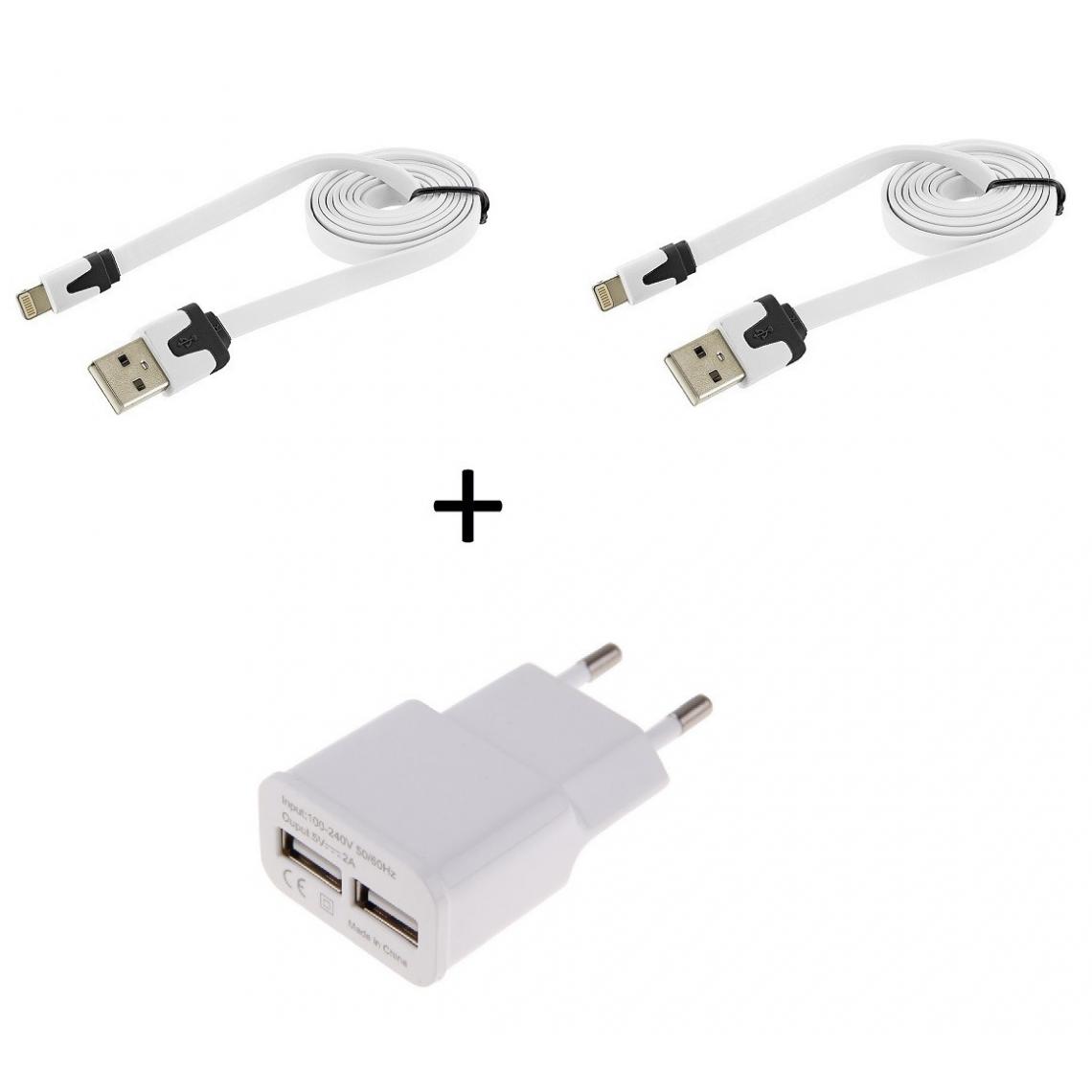 Shot - Pack Chargeur pour IPHONE 11 Lightning (2 Cables Chargeur Noodle + Double Prise Secteur USB) APPLE IOS (BLANC) - Chargeur secteur téléphone