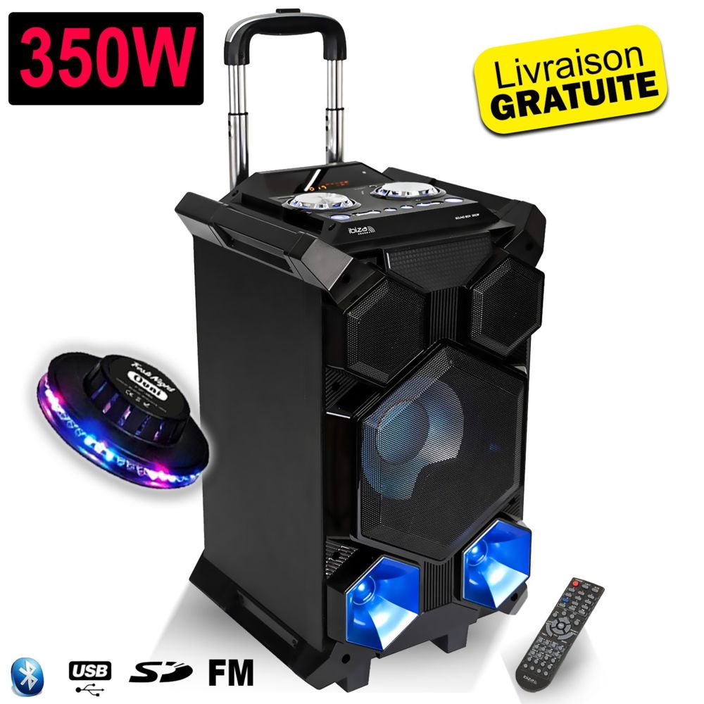 Ibiza Light - Système SOUND BOX à LED Portable Autonome 350W avec USB SD Bluetooth Radio FM / REC / MEGA BASS SONO DJ + Lumière OVNI - Packs sonorisation