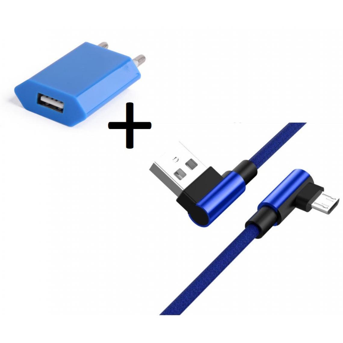 Shot - Pack pour WIKO View 2 Plus Smartphone Micro USB (Cable 90 degres Fast Charge + Prise Secteur Couleur) (BLEU) - Chargeur secteur téléphone
