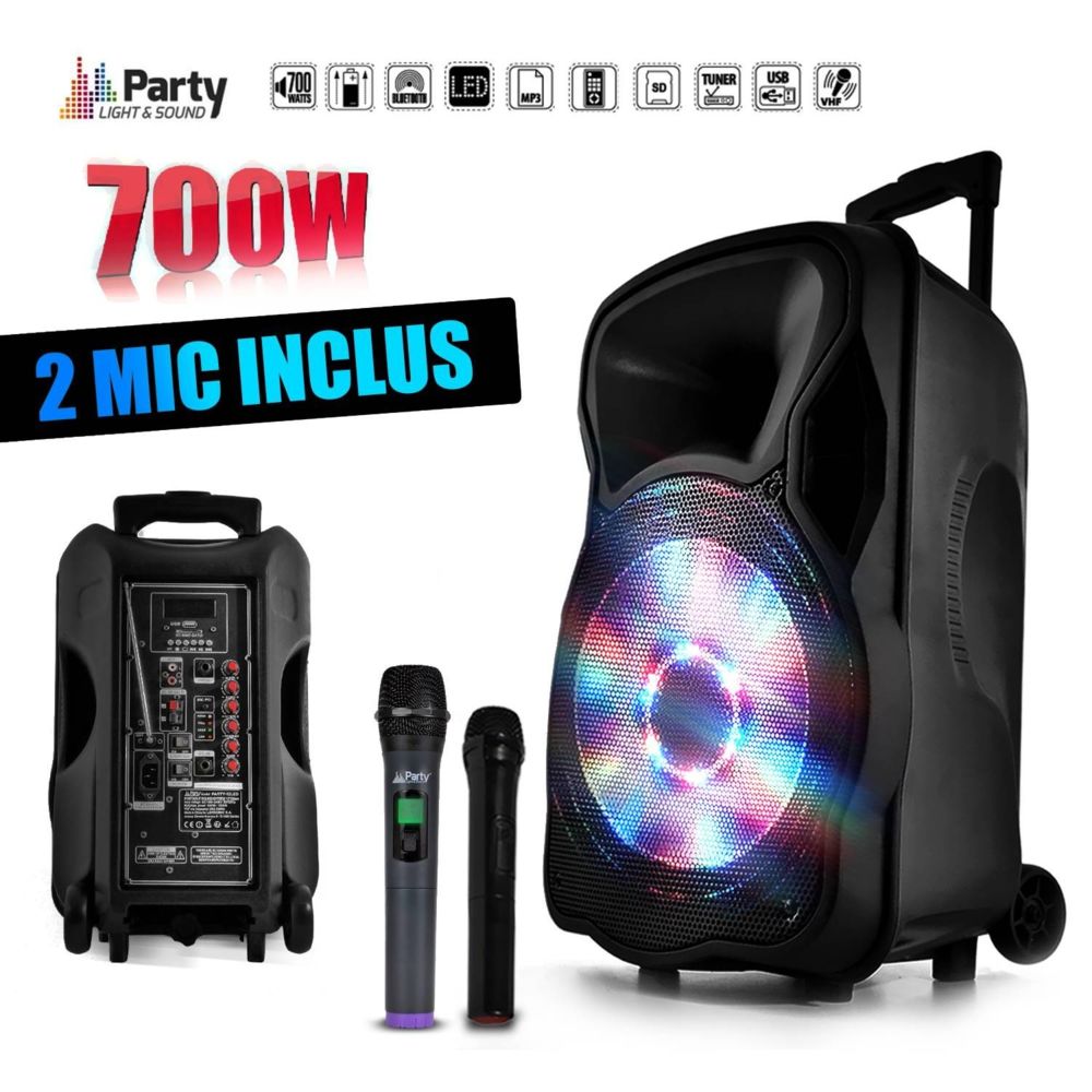 Party Light & Sound - Enceinte sono mobile amplifiée 700W 12"" LED/USB/BT/SD/FM + 2 micros sans-fil PARTY12 - Retours de scène