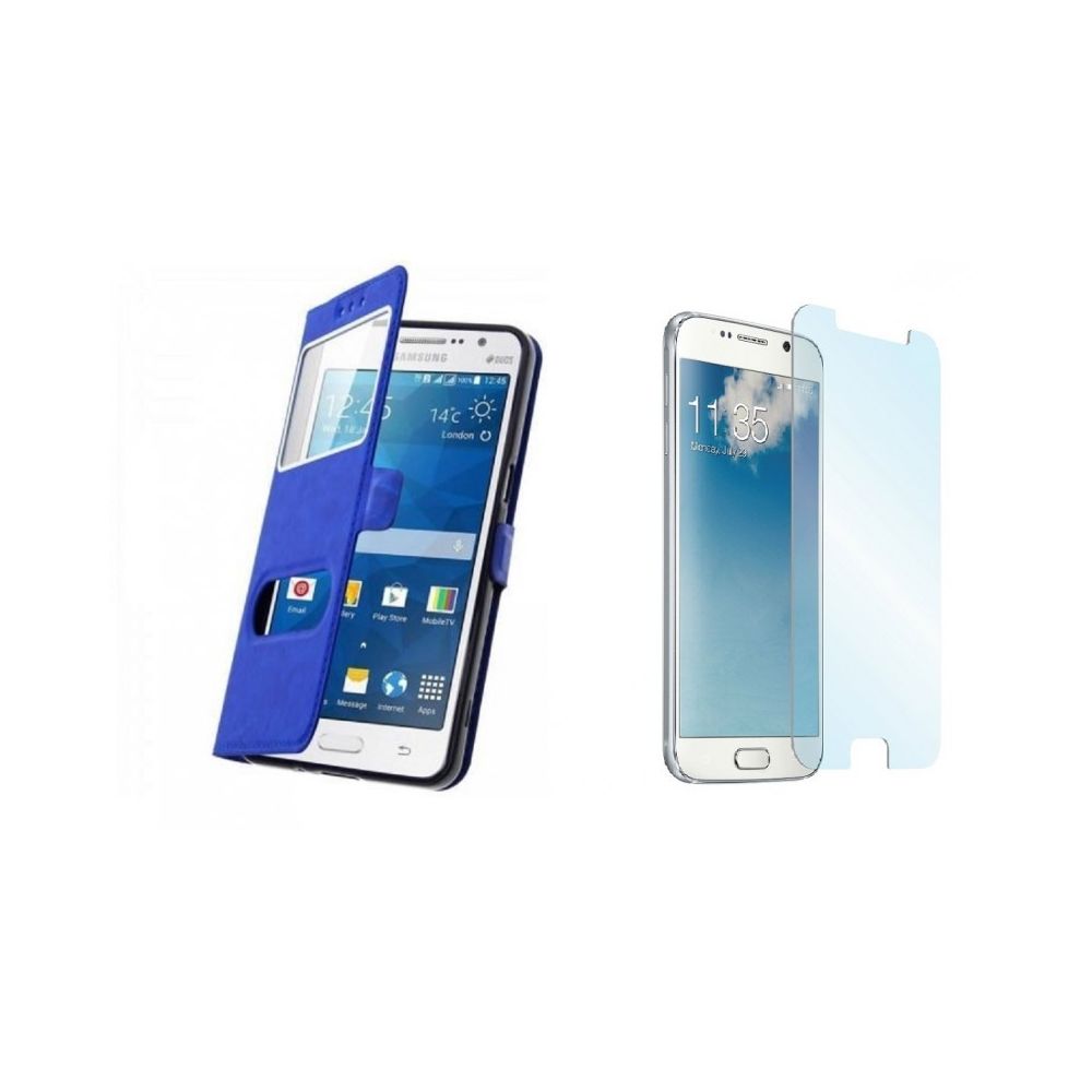 marque generique - Film verre trempe + Housse Etui Coque Fenetre Bleu Samsung Galaxy J7 2017 - Coque, étui smartphone