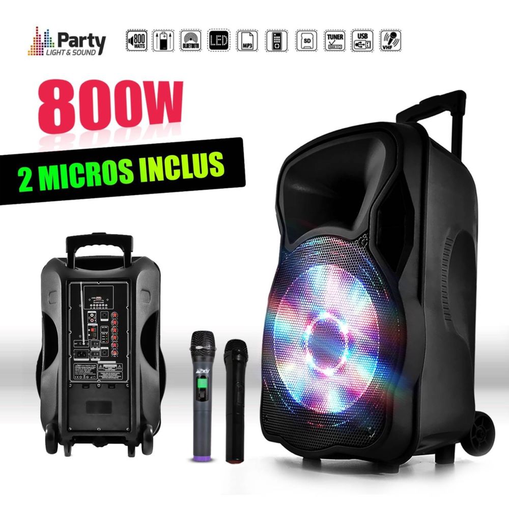 Party Light & Sound - Enceinte sono mobile amplifiée 800W 15"" LED/USB/BT/SD/FM + 2 micros sans-fil PARTY15 - Retours de scène