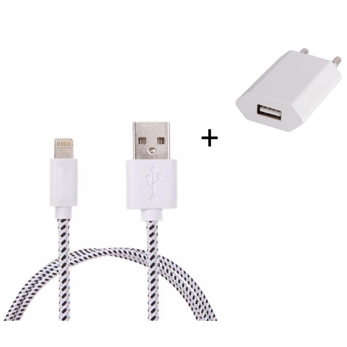 Shot - Pack Chargeur pour "IPHONE 12" Lightning (Cable Tresse 3m Chargeur + Prise Secteur USB) Murale (BLANC) - Chargeur secteur téléphone