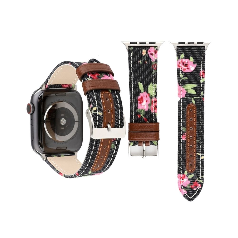 Wewoo - Bracelet en cuir véritable avec Motif fleurs denim pour Apple Watch séries 3 et 2 & 1 38 mm Noir - Accessoires Apple Watch