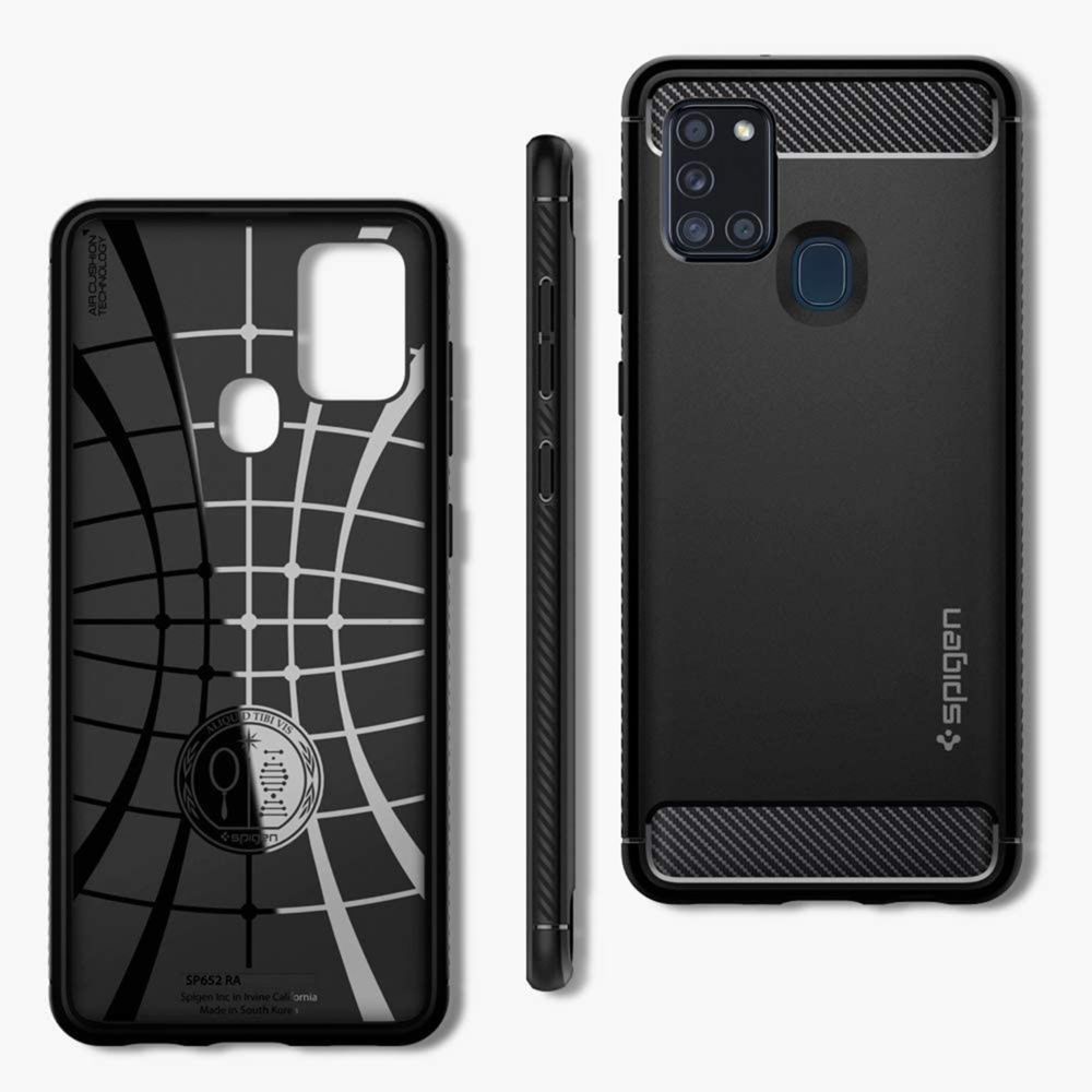 Spigen - Coque Galaxy A21s Silicone Antichoc Finition Carbone Rugged Armor Spigen Noir - Coque, étui smartphone