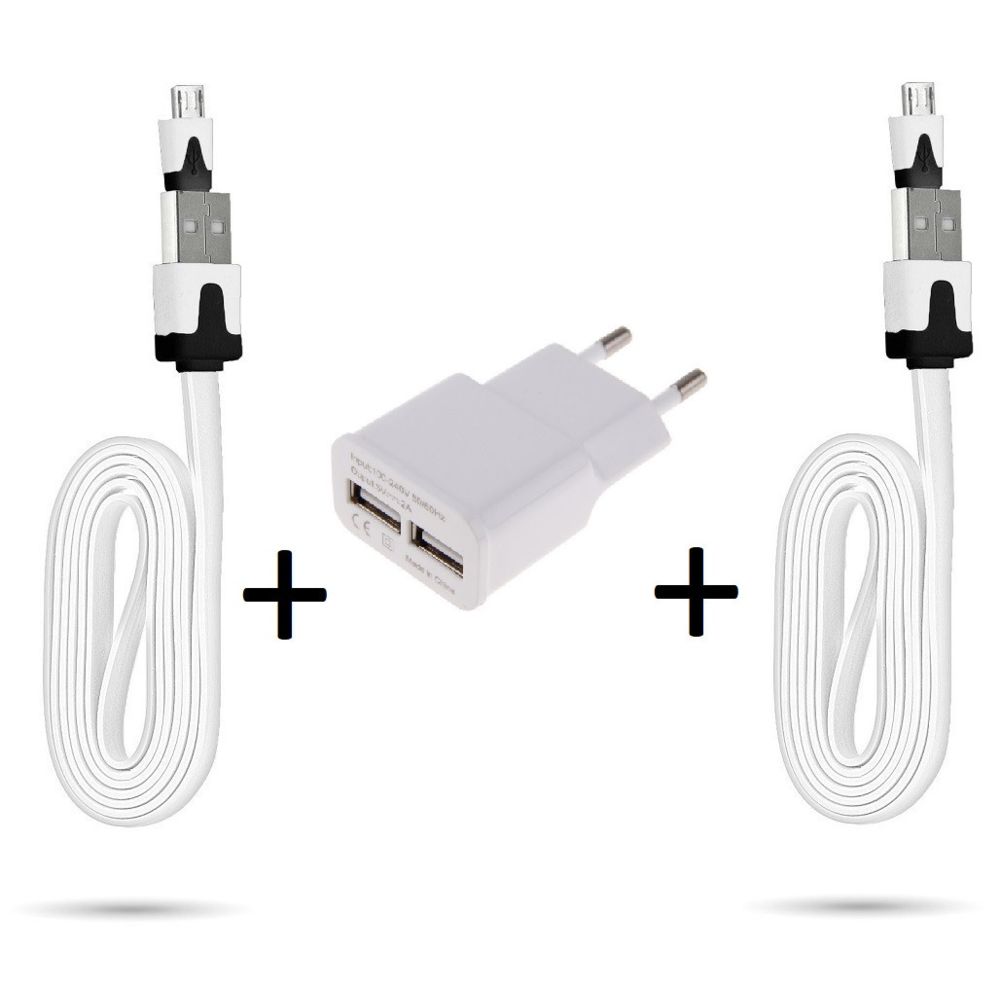 Shot - Pack pour MOTOROLA MOTO C Smartphone Micro-USB (2 Cables Chargeur Noodle + Double Prise Secteur USB) Android (BLANC) - Chargeur secteur téléphone
