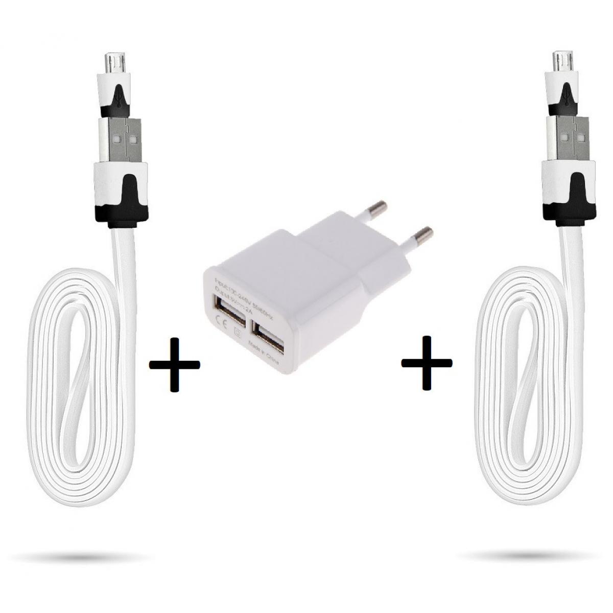 Shot - Pack pour MOTOROLA moto e6 PLUS Smartphone Micro USB (2 Cables Chargeur Noodle + Double Prise Secteur USB) Android (BLANC) - Chargeur secteur téléphone