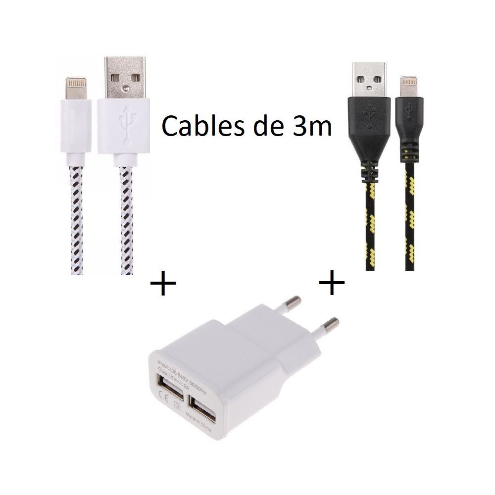 marque generique - Pack Chargeur pour IPAD Pro Lightning (2 Cables Tresse 3m Chargeur + Prise Secteur Double USB) Murale - Chargeur secteur téléphone