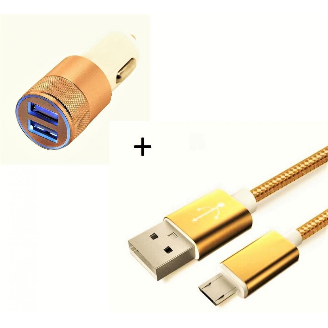 Shot - Pack Chargeur Voiture pour GIONEE F9 Smartphone Micro USB (Cable Metal Nylon + Double Adaptateur Allume Cigare) (OR) - Chargeur Voiture 12V