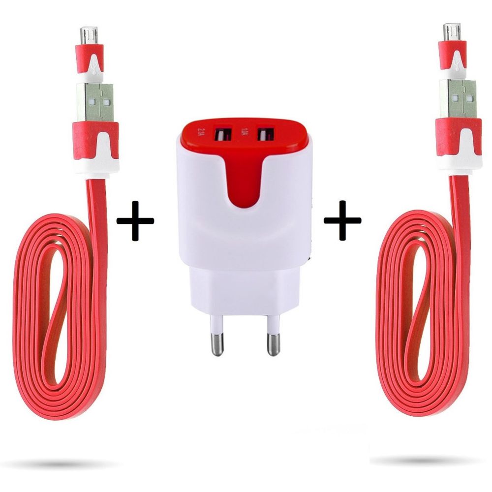 Shot - Pack pour ALCATEL Onetouch Idol 3 4,7"" Micro-USB (2 Cables Chargeur Noodle + Double Prise Couleur Secteur) Android - Chargeur secteur téléphone