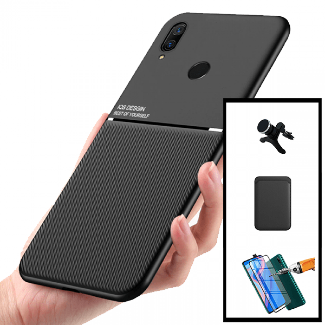 Phonecare - Kit Coque Magnétique Lux + Portefeuille Magnétique Noir + Film de Verre Trempé 5D à Couverture Complète + Support Magnétique de Voiture Renforcé pour Huawei P Smart Z - Coque, étui smartphone