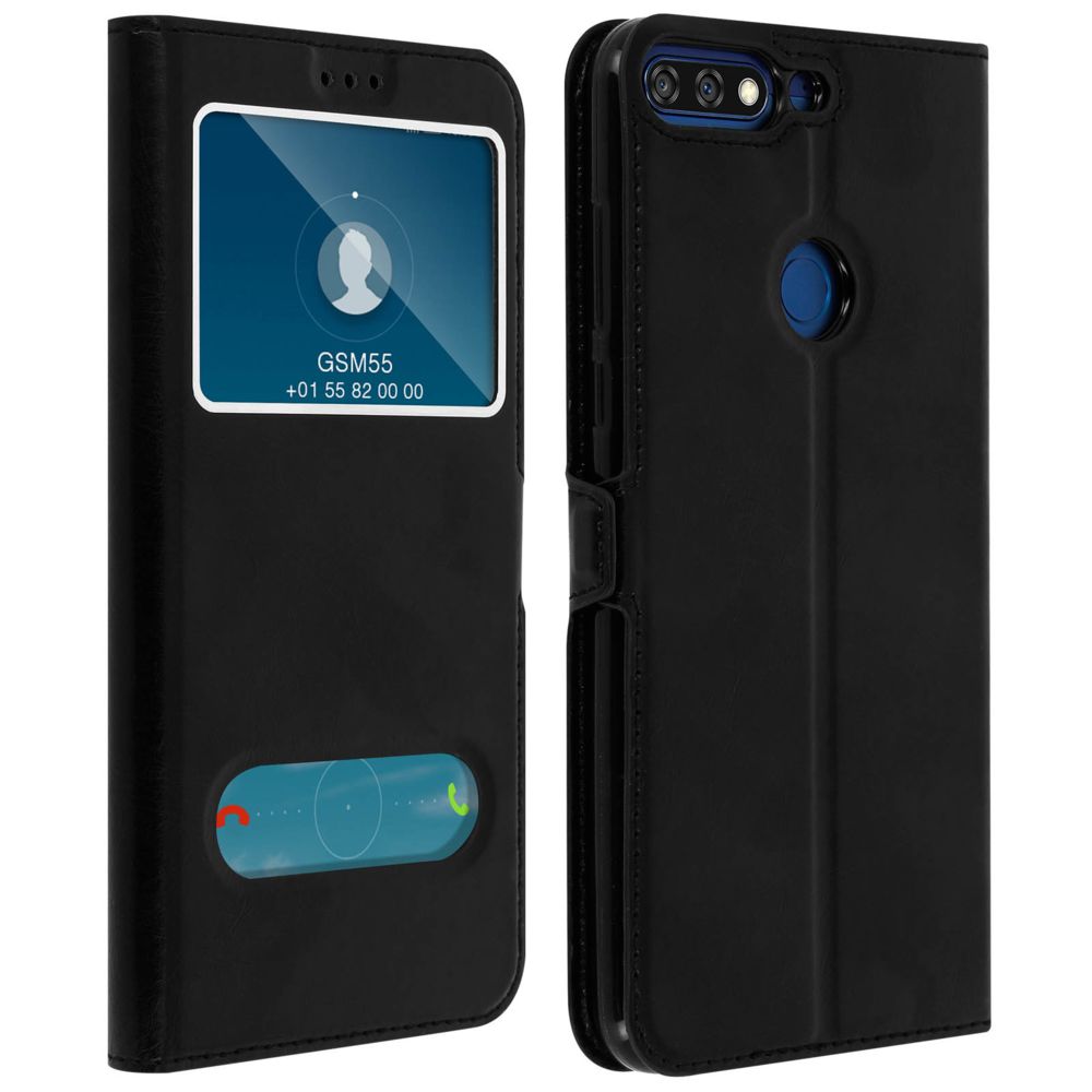Avizar - Housse Honor 7A / Huawei Y6 2018 Etui Clapet 2x Fenêtre Coque Silicone Gel Noir - Coque, étui smartphone