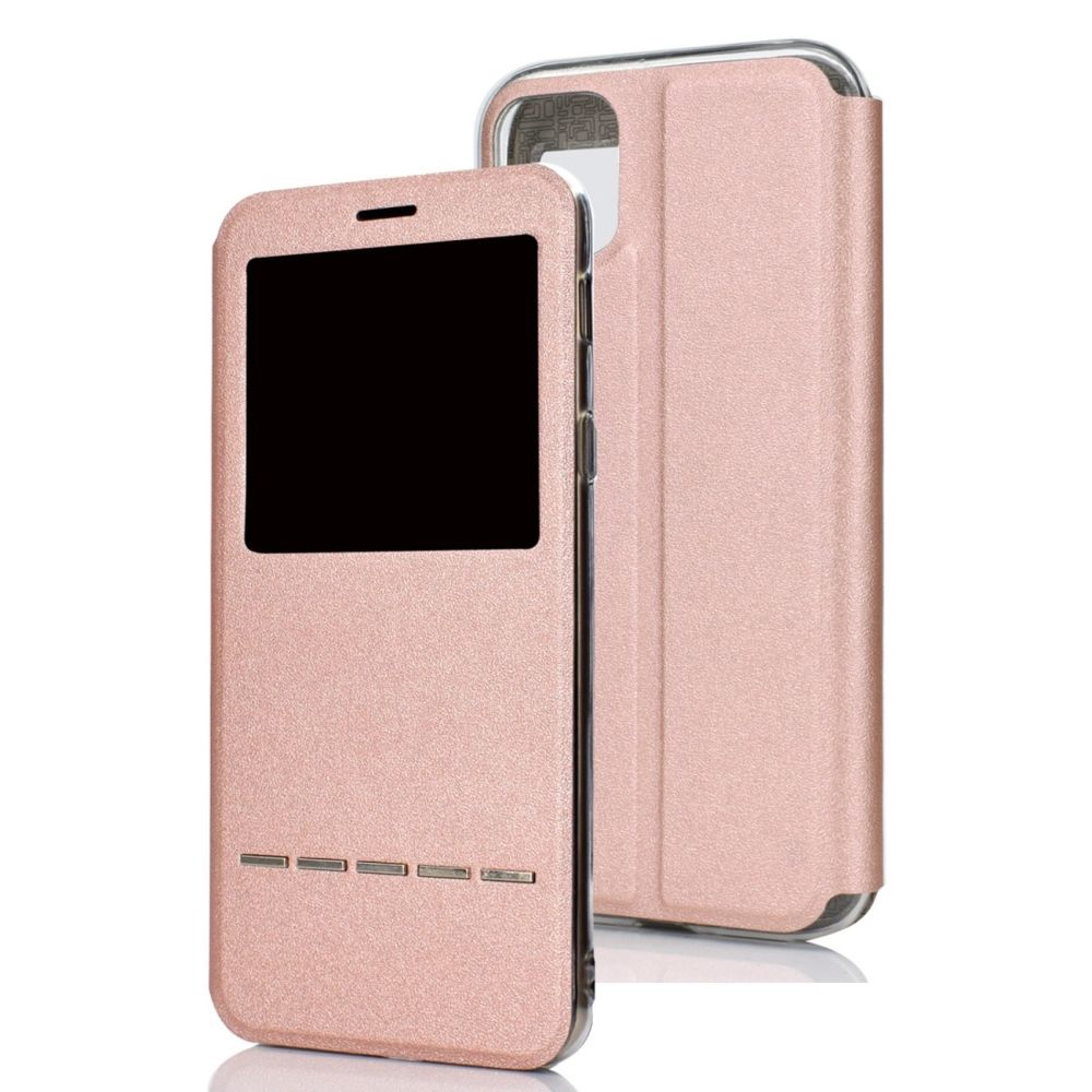 Wewoo - Coque Support pour téléphone portable avec étui horizontal iPhone 11 Pro texture mat et fenêtre identification de l'appelant et bouton en métal coulissant déverrouiller or rose - Coque, étui smartphone