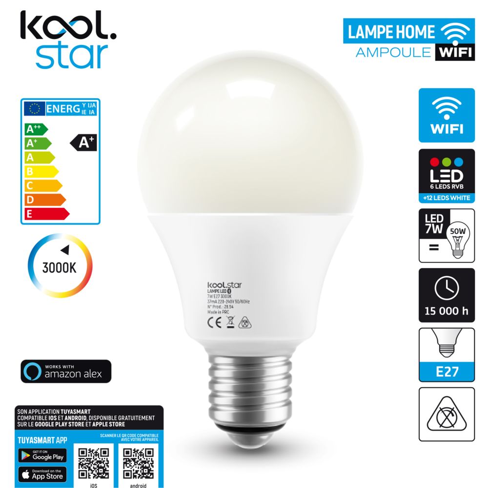 Koolstar - Ampoule Wifi à LEDs RVB + 12 Leds blanches - Culot E27 - A+ - 3000K - Compatible Amazon Alexa - Koolstar LAMPE HOME - Ampoule connectée