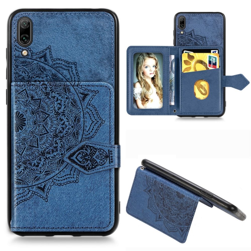 Wewoo - Coque Pour Huawei Enjoy 9 Mandala Embossed Magnetic Cloth PU + TPU + PC Case with Holder & Card Slots & Wallet & Photo Frame & Strap Blue - Coque, étui smartphone