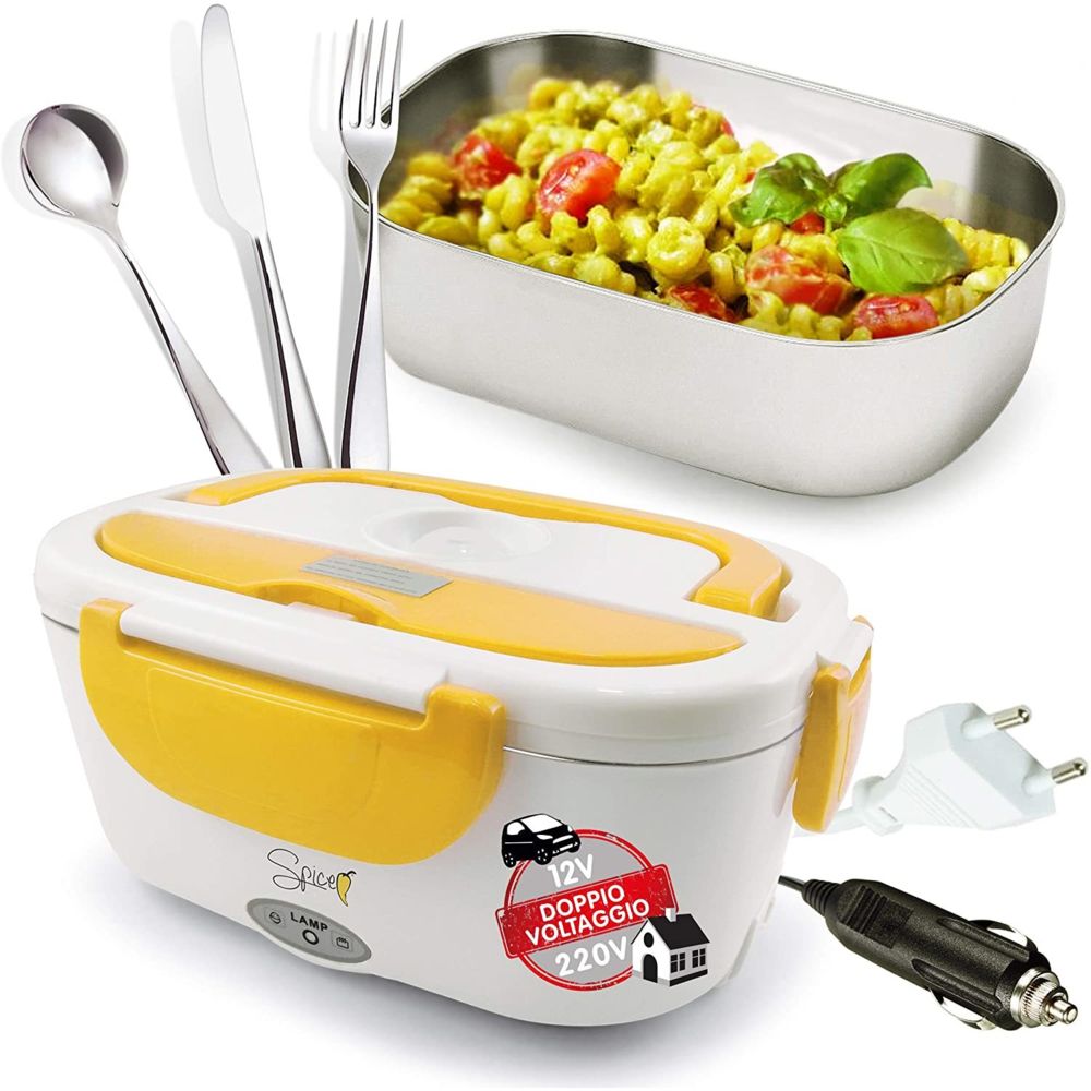 Spice - Lunch box Boîte à Repas électrique Amovible de 1,5 L et double alimentation 220V – 12 V jaune blanc - Cuisson festive