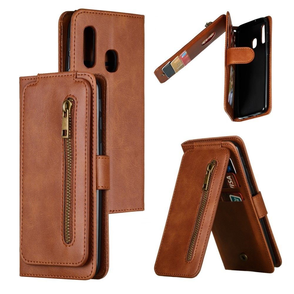 marque generique - Etui en PU + TPU poche zippée avec support et 9 porte-cartes marron pour votre Samsung Galaxy A40 - Coque, étui smartphone