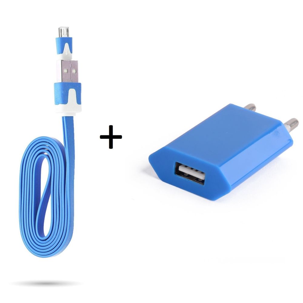 Shot - Cable Noodle 1m Chargeur + Prise Secteur pour HUAWEI Mediapad M5 lite Smartphone Micro-USB Murale Pack Universel Android (BLEU) - Chargeur secteur téléphone
