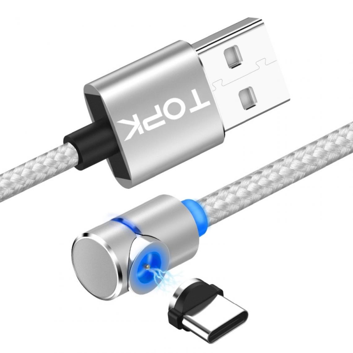 Wewoo - Câble de charge magnétique coudé à 90 degrés USB avec connexion USB / USB-C / Type-C max. 2A indicateur LED Argent - Chargeur secteur téléphone