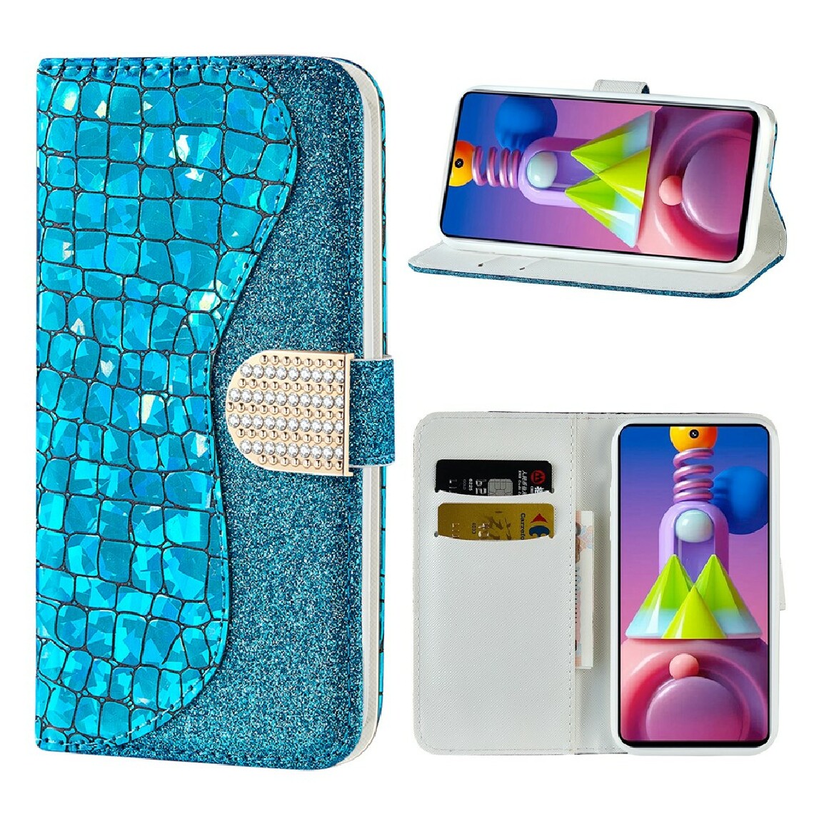 Other - Etui en PU poudre flash de texture de crocodile avec support bleu pour votre Samsung Galaxy M51 (Side Fingerprint Version) - Coque, étui smartphone