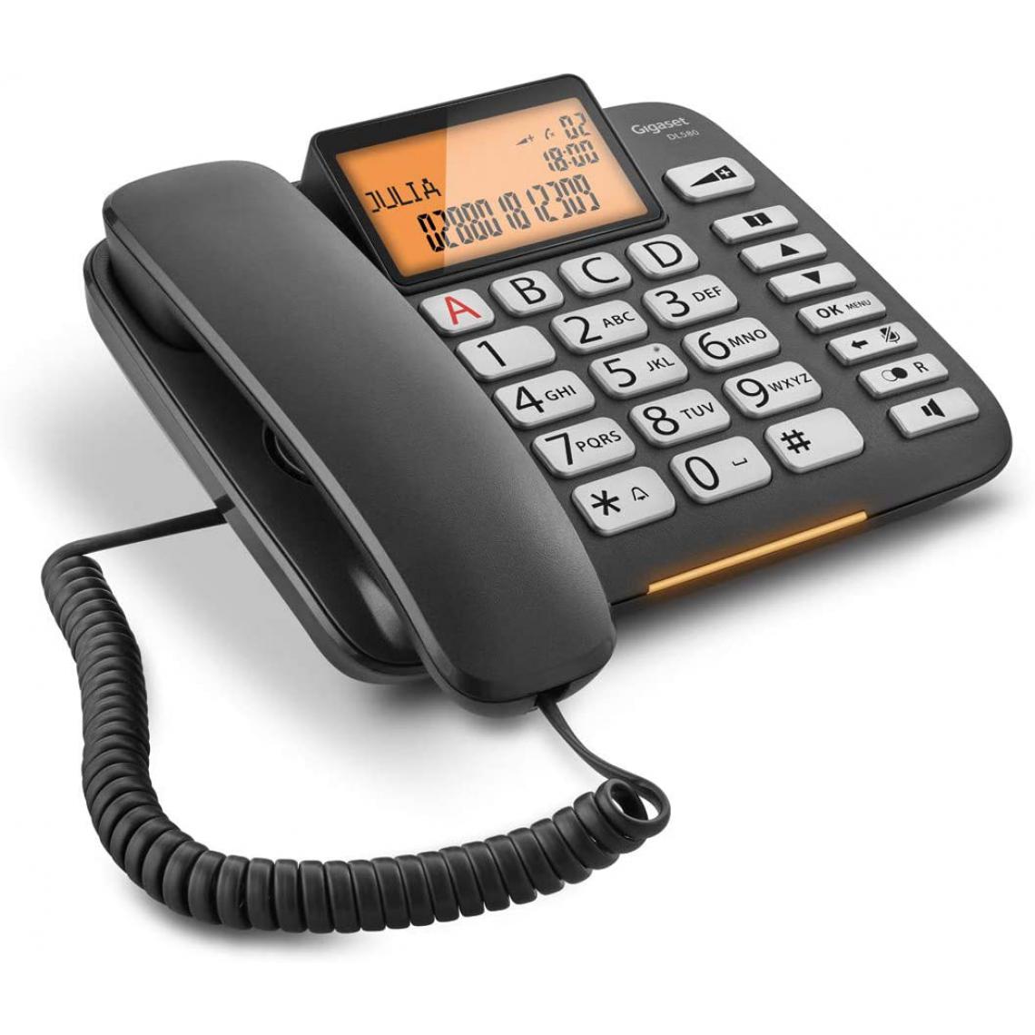 Gigaset - téléphone fixe Filaire avec Fonction Mains-Libres, Larges Touches, Signal d'appel Lumineux noir - Téléphone fixe filaire