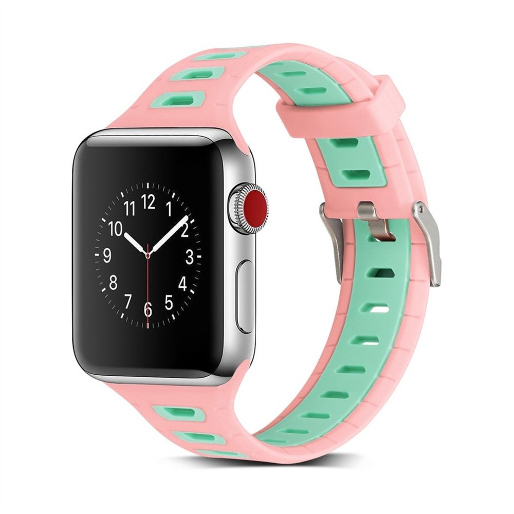 Wewoo - Bracelet de montre en silicone bicolore forme de T pour Apple Watch séries 3 et 2 & 1 42 mm vert rose - Accessoires montres connectées