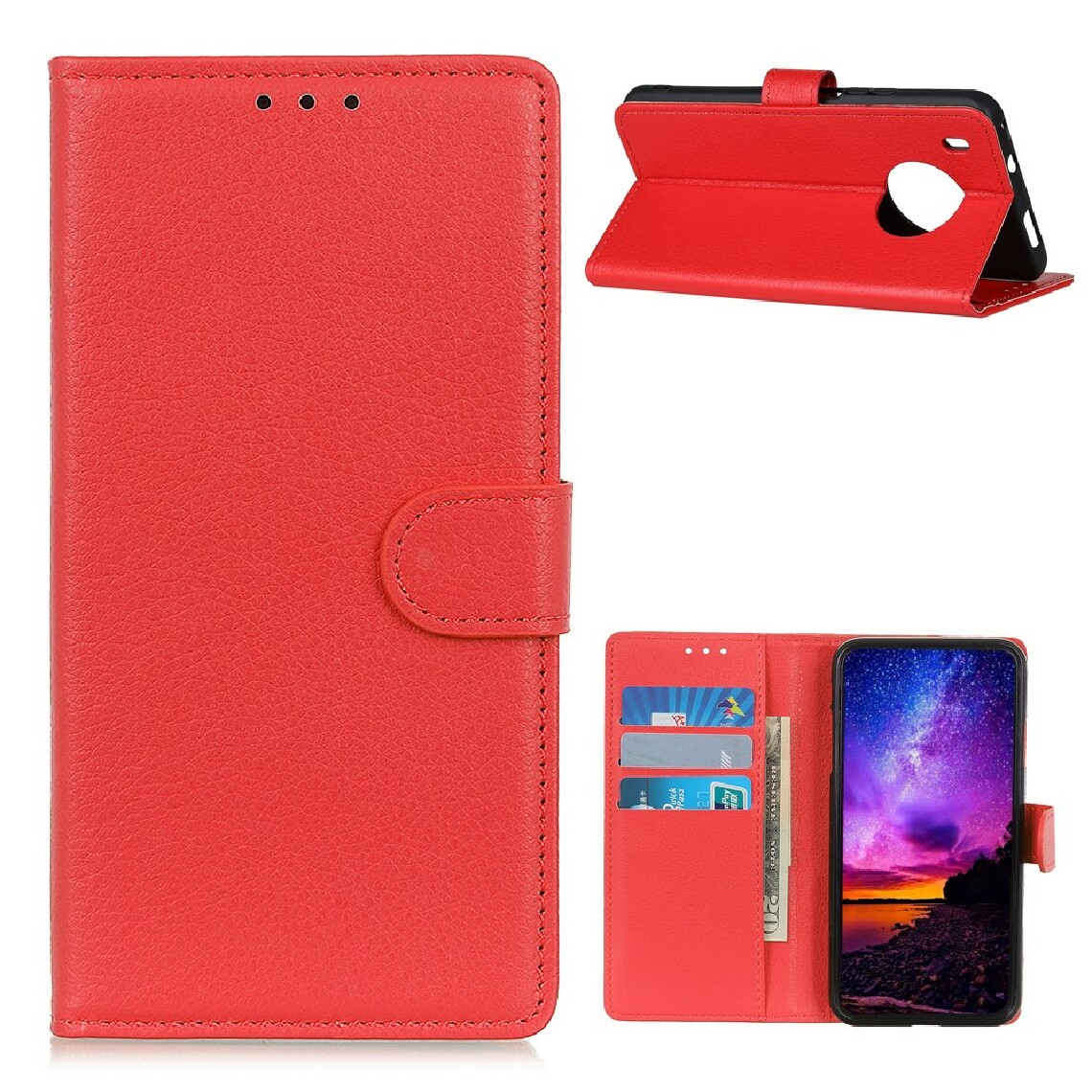 Other - Etui en PU texture de peau de litchi avec support rouge pour votre Huawei Y9a - Coque, étui smartphone