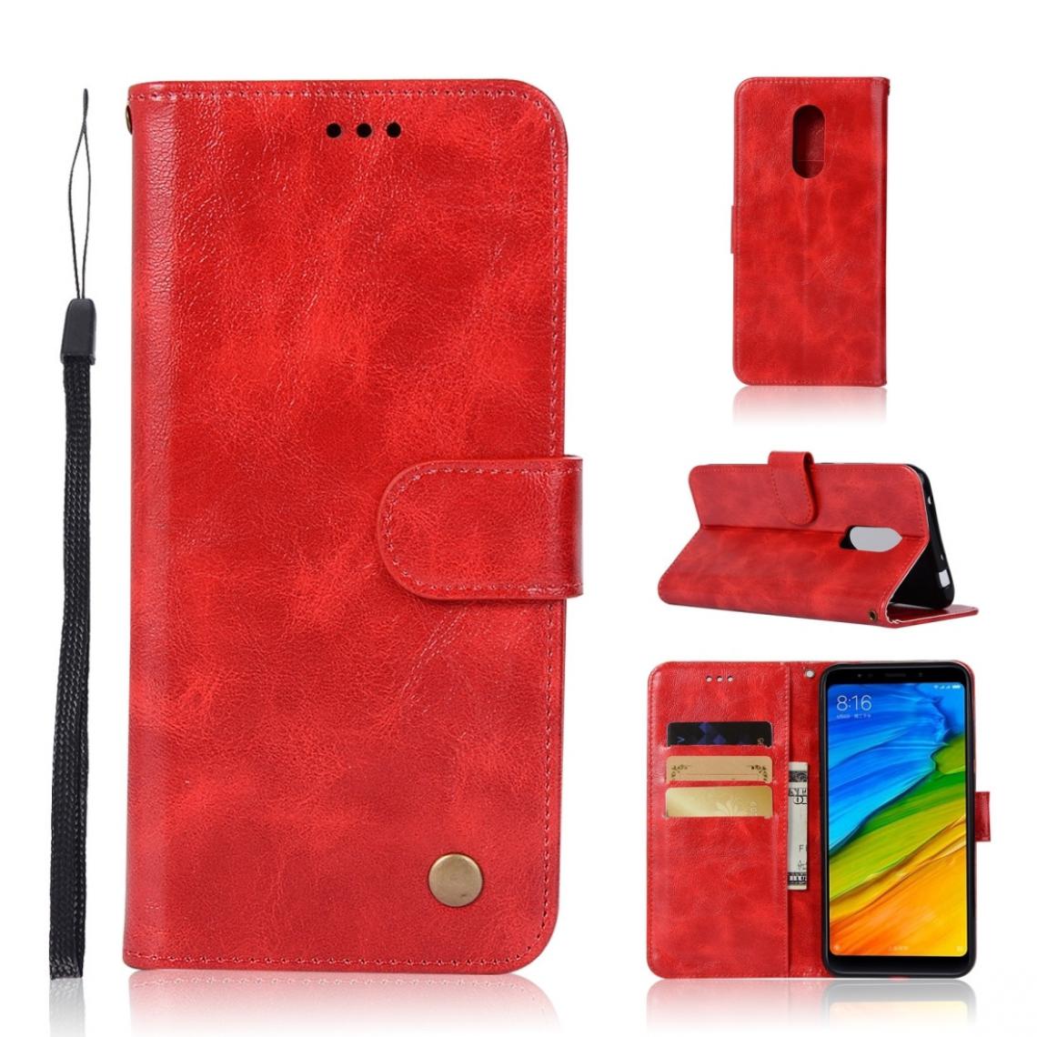 Wewoo - Housse Coque Pour Xiaomi Redmi 5 Plus rétro bouton de cuivre Crazy Horse Horizontal Flip en cuir PU avec support et fentes cartes et porte-monnaie et lanière Rouge - Coque, étui smartphone
